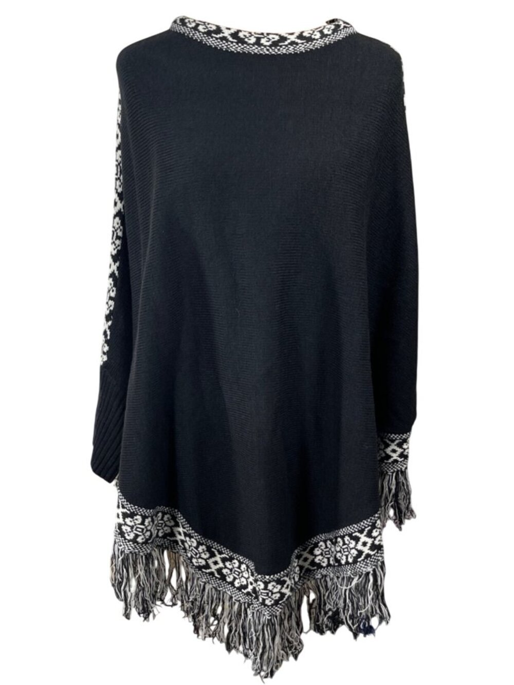 Do Everything In Love Knit Cape Sweater One Size Tassels Black White